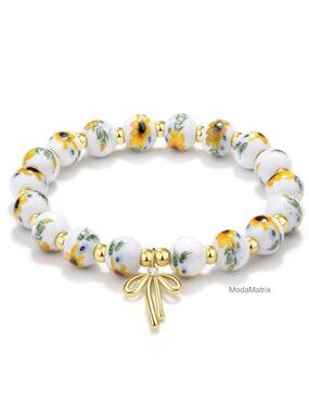 Bow Charm Bracelet Women 18K Gold Plated Crystal Beaded Stretch Bracelet